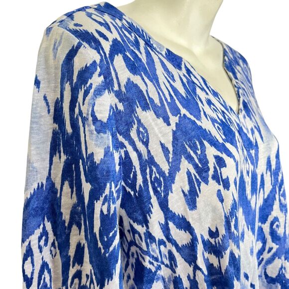 Chicos Womens Ikat Split V Neck 100% Linen Blue Knit Top Long Sleeve White 1/ M - Picture 4 of 16